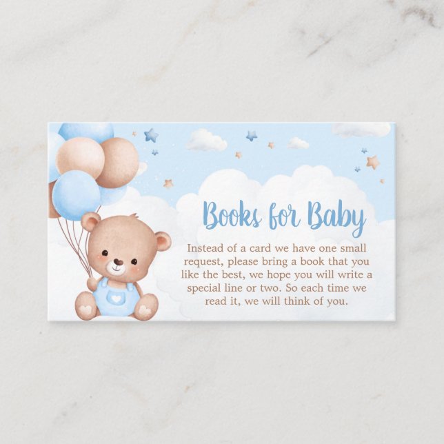 Blue Teddy Bear Clouds Baby Shower Books for Baby Enclosure Card (Front)
