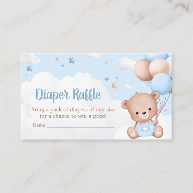 Blue Teddy Bear Clouds Baby Shower Diaper Raffle Enclosure Card (Front)