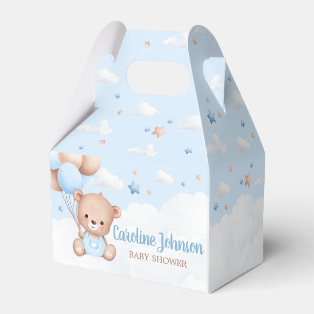 Blue Teddy Bear Clouds Balloon Baby Shower Favour Box (Front Side)