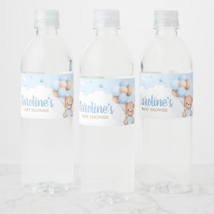 Blue Teddy Bear Clouds Balloon Baby Shower Water Bottle Label