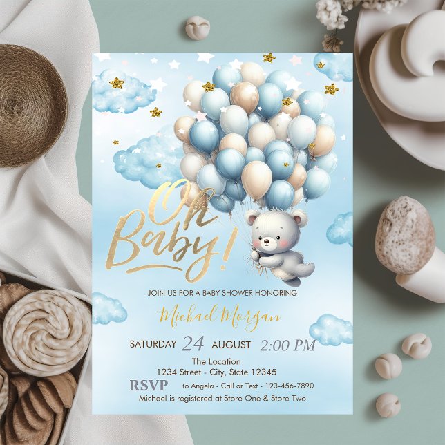 Blue Teddy Bear Clouds Stars Balloon Baby Shower Invitation (Creator Uploaded)