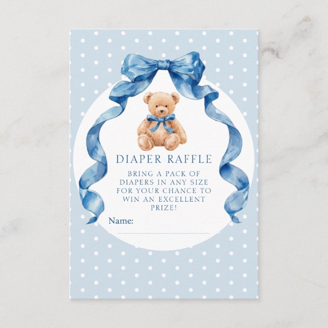 Blue Teddy Bear Diaper Raffle Ticket Enclosure Card (Front)