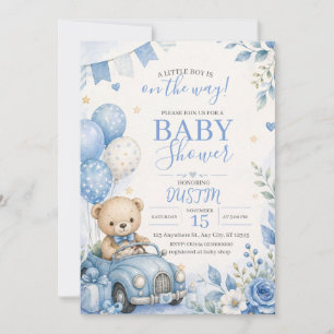 Blue Teddy Bear Driving Car Baby Shower Invitation