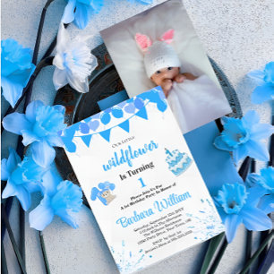 Blue Teddy Bear First Birthday Photo Invitation
