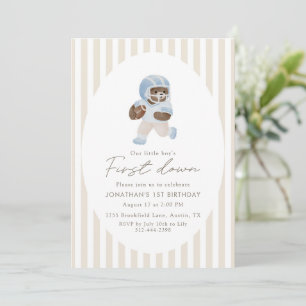 Blue Teddy bear First Down Football First Birthday Invitation