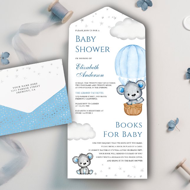 Blue Teddy Bear Hot Air Balloon Baby Shower All In One Invitation (Creator Uploaded)