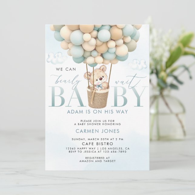 Blue Teddy Bear Hot Air Balloon Baby Shower Invite (Standing Front)