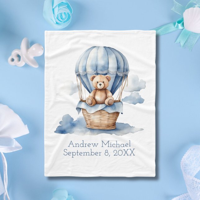 Blue Teddy Bear Hot Air Balloon Birth Stats Baby Fleece Blanket (Blue Teddy Bear in Hot Air Balloon Baby Boys Baby Blanket. Monogram name, birthday, birth stats)