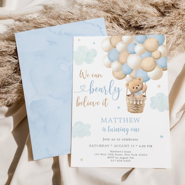 Blue Teddy Bear Hot Air Balloon Birthday Invitation (Creator Uploaded)