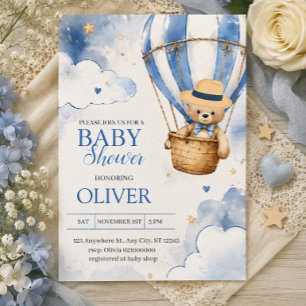 Blue Teddy Bear Hot Air Balloon Boy Baby Shower  Invitation