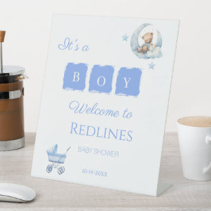 Blue Teddy Bear It’s a Boy Baby Shower Pedestal Sign