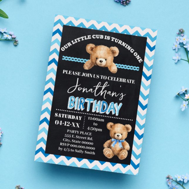 Blue Teddy Bear Little Cub Turning One Birthday Invitation (Creator Uploaded)