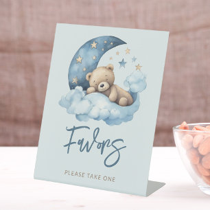 Blue Teddy Bear Moon Baby Shower Favours Pedestal Sign