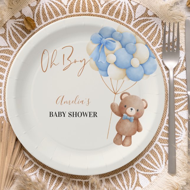 Blue Teddy Bear Oh Boy Balloon Baby Shower Paper Plate (Creator Uploaded)