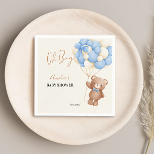 Blue Teddy Bear Oh Boy Balloon Baby Shower Party Napkin