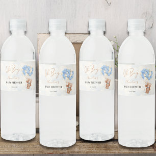 Blue Teddy Bear Oh Boy Balloon Baby Shower Water Bottle Label