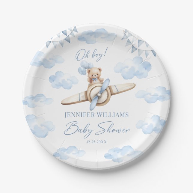 Blue Teddy Bear on Aeroplane Baby Boy Shower Paper Plate (Front)
