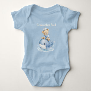 Blue Teddy Bear On Whale Boy Baby Shower Bodysuit