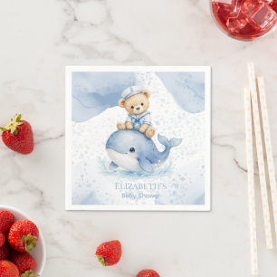 Blue Teddy Bear On Whale Boy Baby Shower Napkin