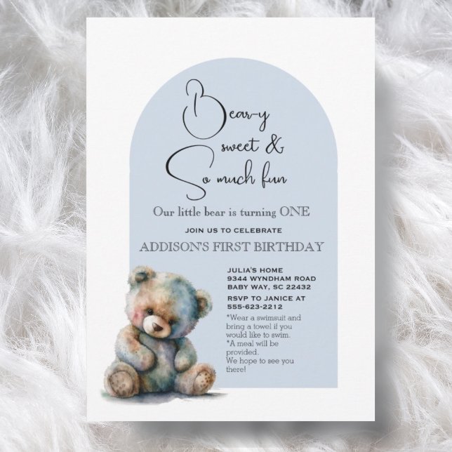Blue Teddy Bear Theme Watercolor First Birthday Invitation (Creator Uploaded)