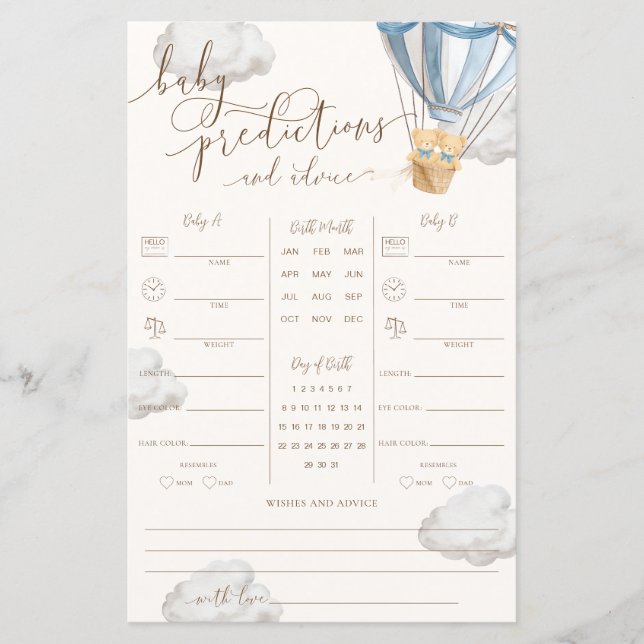 Blue Teddy Bear Twins Baby Predictions Game (Front)