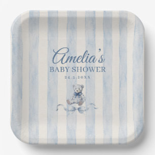 Blue Teddy Bear Watercolor Stripes Baby Shower Paper Plate