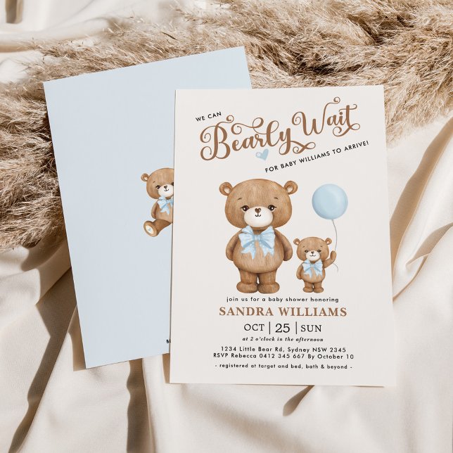 Blue Teddy Bear We Can Bearly Wait Baby Shower Boy Invitation (Creator Uploaded)
