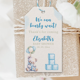Blue Teddy Bear "We Can Bearly Wait" Baby Shower Gift Tags