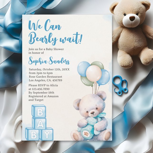 Blue Teddy Bear "We Can Bearly Wait" Baby Shower Invitation (Creator Uploaded)