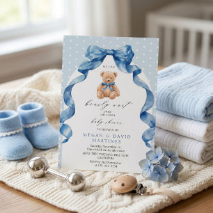 Blue Teddy Bear We can Bearly Wait Boy Baby Shower Invitation
