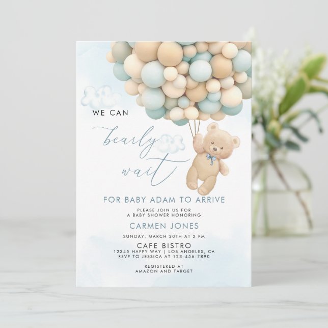 Blue Teddy Bear with Balloons Baby Shower Invite (Standing Front)
