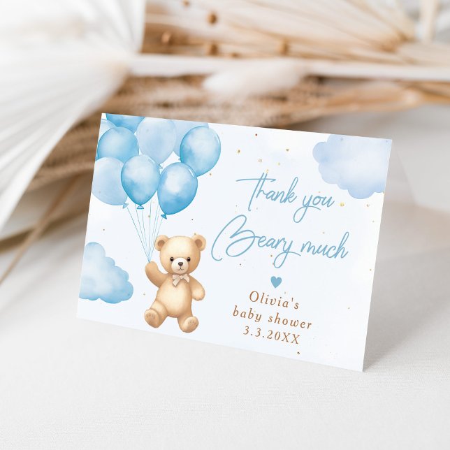 Blue teddy bear with balloons Thank you card (Creator Uploaded)