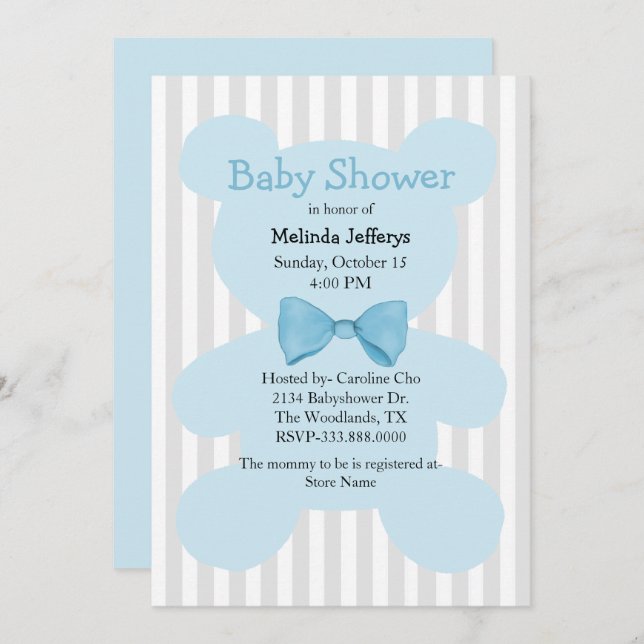 Blue Teddy Bear with Bow Tie Baby Shower Invitation (Front/Back)