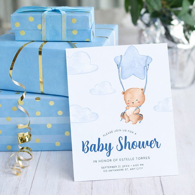 Blue Teddy Bear with Star Balloon Boy Baby Shower Invitation (Blue Teddy Bear with Star Balloon Boy Baby Shower Invitation, Oh Baby Invitation)