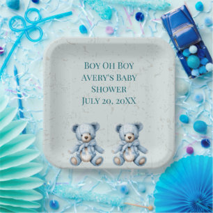Blue Teddy Bears Twin Baby Shower Paper Plate