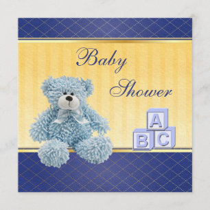 Blue Teddy & Building Blocks Boys Baby Shower Invitation