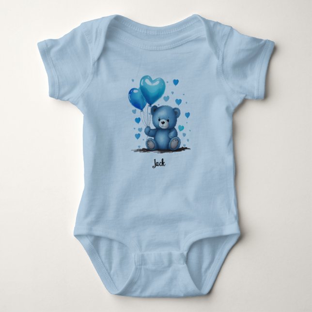 Blue Teddy Heart Balloons Personalise Baby Name Bodysuit (Front)