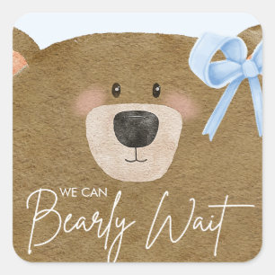 Blue Teddy We Can Bearly Wait Boy Baby Shower Square Sticker