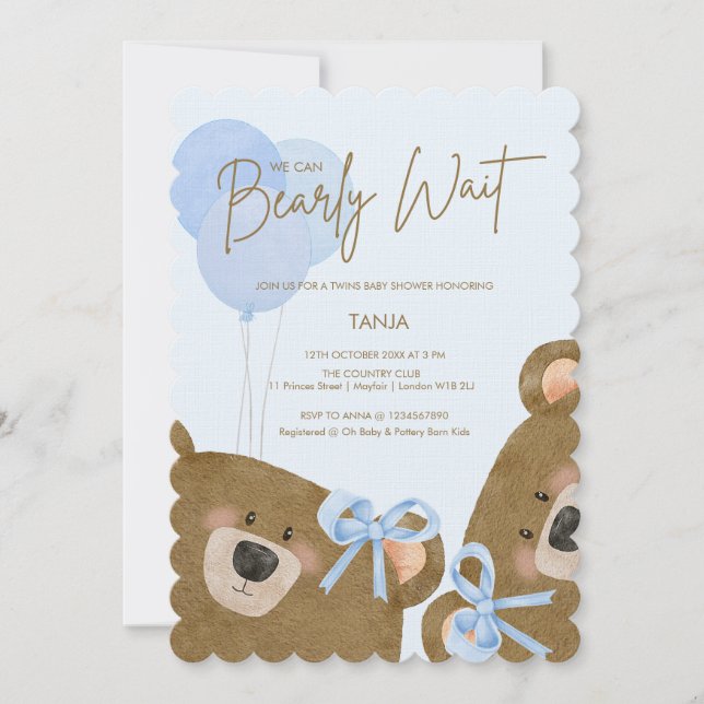 Blue Teddy We Can Bearly Wait Twins Baby Shower Invitation (Front)