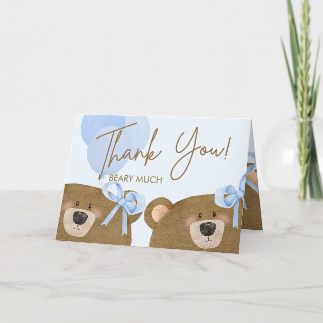 Blue Teddy We Can Bearly Wait Twins Baby Shower Thank You Card (Front)