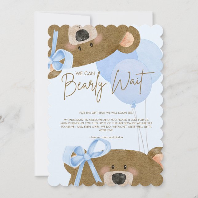 Blue Teddy We Can Bearly Wait Twins Baby Shower Thank You Card (Front)
