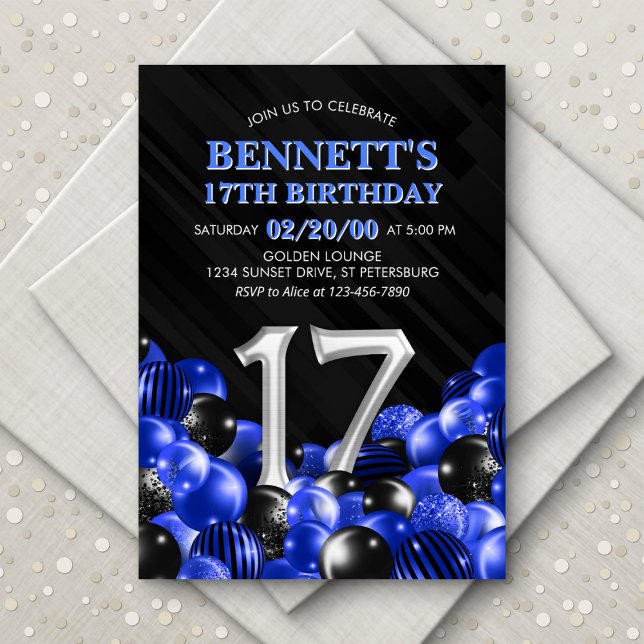 Blue Teen Boy 17th Birthday Invitation (Creator Uploaded)