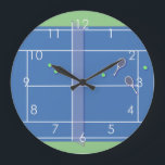 Blue Tennis Court Modern Tennis Player     Large Clock<br><div class="desc">Personalized classic tennis court design in blue with classic, chic, preppy & elegant tennis rackets and green tennis balls. Simple, minimalist gift for your tennis coach or tennis team. Personalized Gift for a tennis player. Blue tennis court illustration. Trendy tennis players home decor. Trendy modern tennis player gifts. Cool retro...</div>