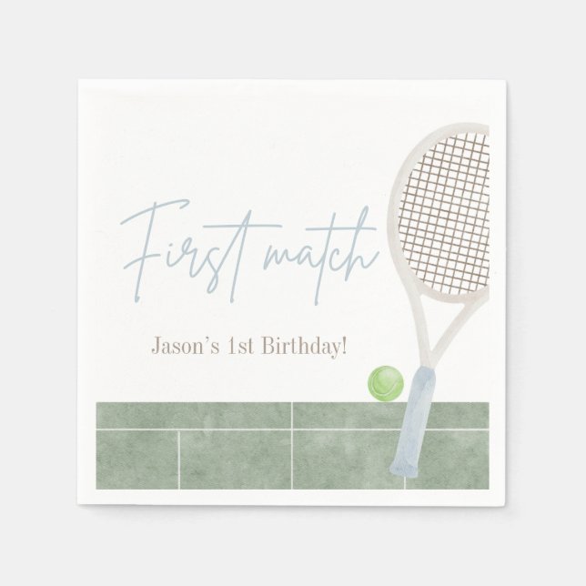 Blue Tennis First Birthday Boy Preppy Classic  Napkin (Front)