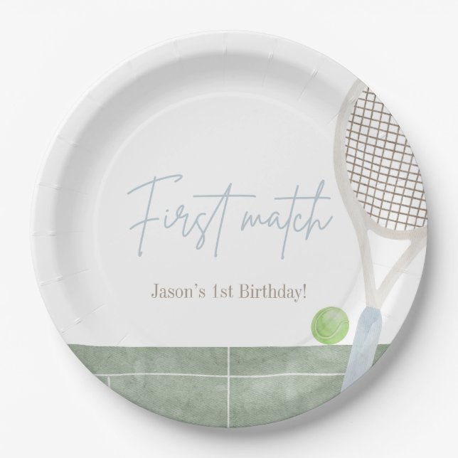 Blue Tennis First Birthday Boy Preppy Classic  Paper Plate (Front)
