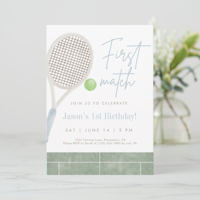 Blue Tennis First Birthday Party Invitation (Standing Front)