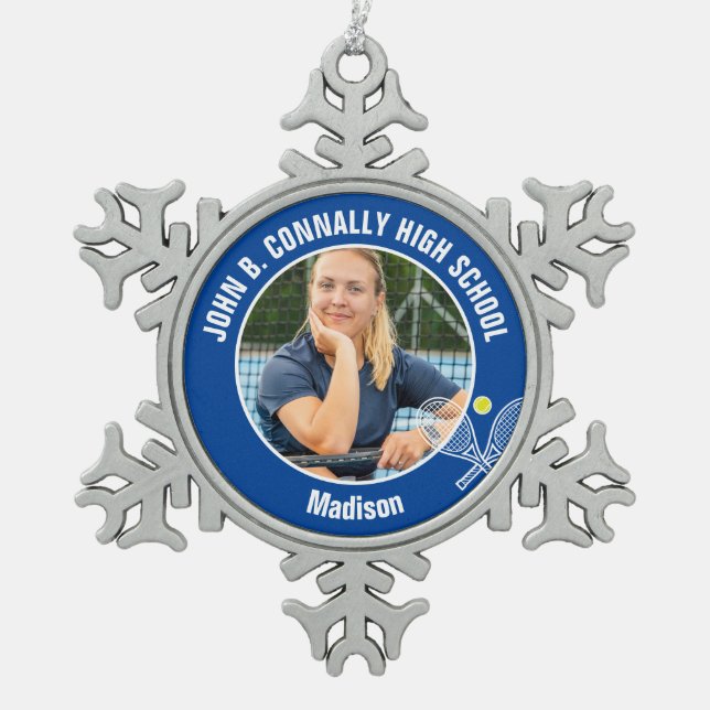 Blue Tennis Player Photo High School Spirit Snowflake Pewter Christmas Ornament (Front)