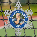 Blue Tennis Player Photo High School Spirit Snowflake Pewter Christmas Ornament<br><div class="desc">This cool customized high school tennis player photo gift features white typography of your team and player name on a snowflake Christmas ornament with a cute tennis ball and rackets on blue. Personalize with your student's photograph and class year as a proud sports parent.</div>