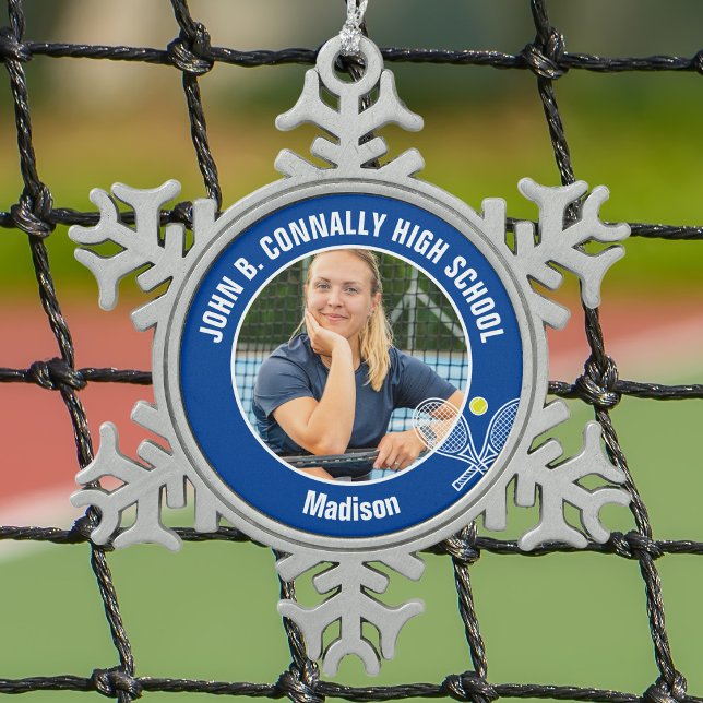 Blue Tennis Player Photo High School Spirit Snowflake Pewter Christmas Ornament (Creator Uploaded)