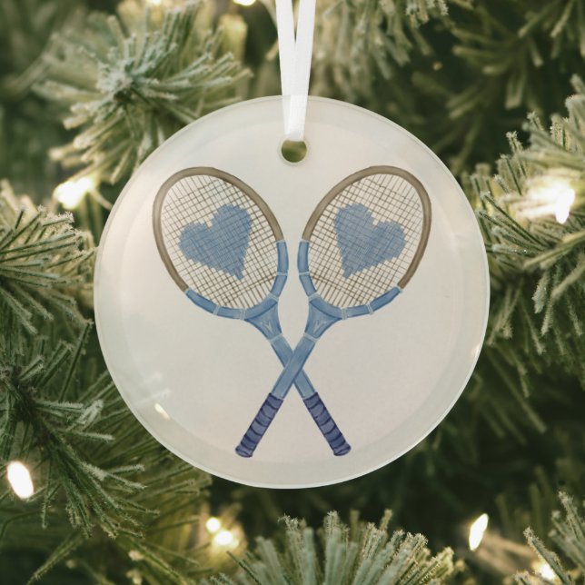 Blue Tennis Rackets With Hearts Glass Ornament (Insitu)